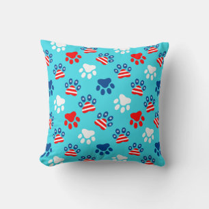 Patriotic Red White and Blue Dog Paws Pattern Throw Pillow