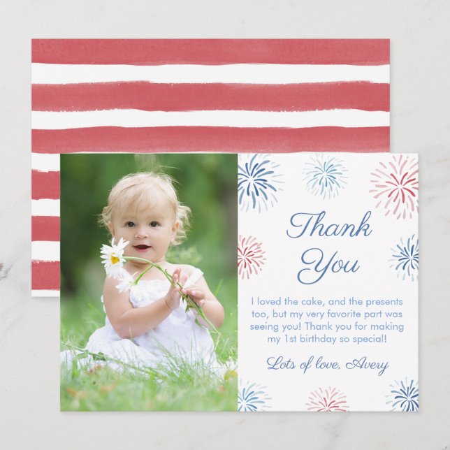 Patriotic Red White And Blue Fireworks Picture Thank You Card (Front/Back)