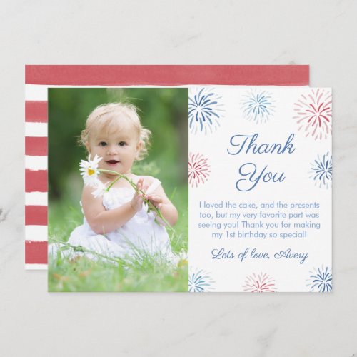 Patriotic Red White And Blue Fireworks Picture Thank You Card
