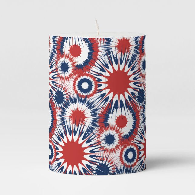 Patriotic Red White and Blue Fireworks Pillar Candle (Front)