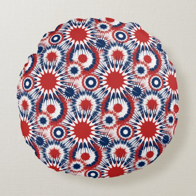 Patriotic Red White and Blue Fireworks Round Pillow (Front)