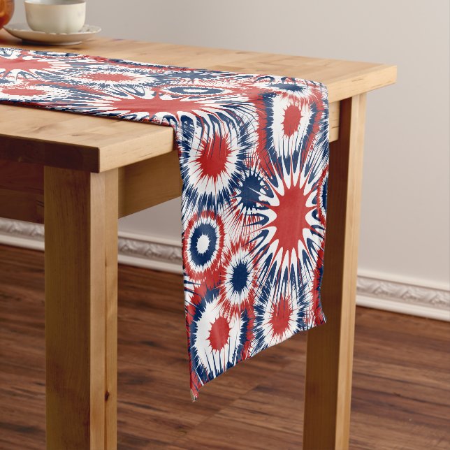 Patriotic Red White and Blue Fireworks Short Table Runner (In Situ)