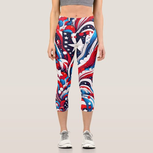 Patriotic Red White and Blue Fourth of July Capri Leggings