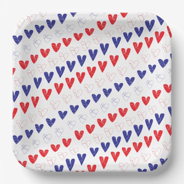 Patriotic Red, White and Blue Hearts Paper Plates (Front)