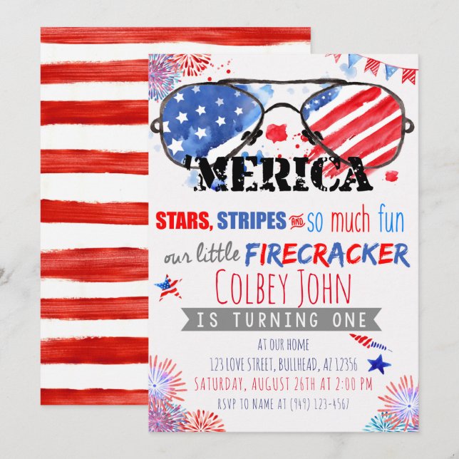 Patriotic Red White and Blue Little Firecracker Invitation (Front/Back)