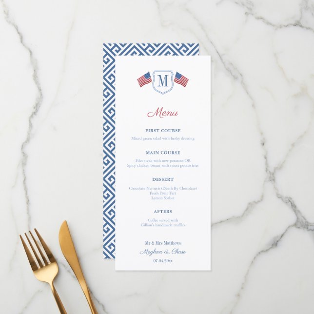 Patriotic Red White And Blue Monogram Wedding Menu (Front/Back In Situ)