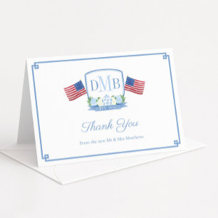 Patriotic Red White And Blue Monogram Wedding Thank You Card