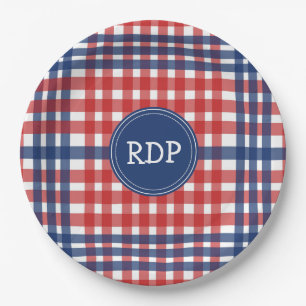 Patriotic Red White and Blue Plaid Custom Paper Plates