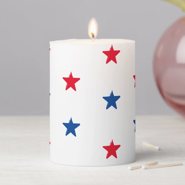 Patriotic red white and blue stars pattern holiday pillar candle (In Situ)