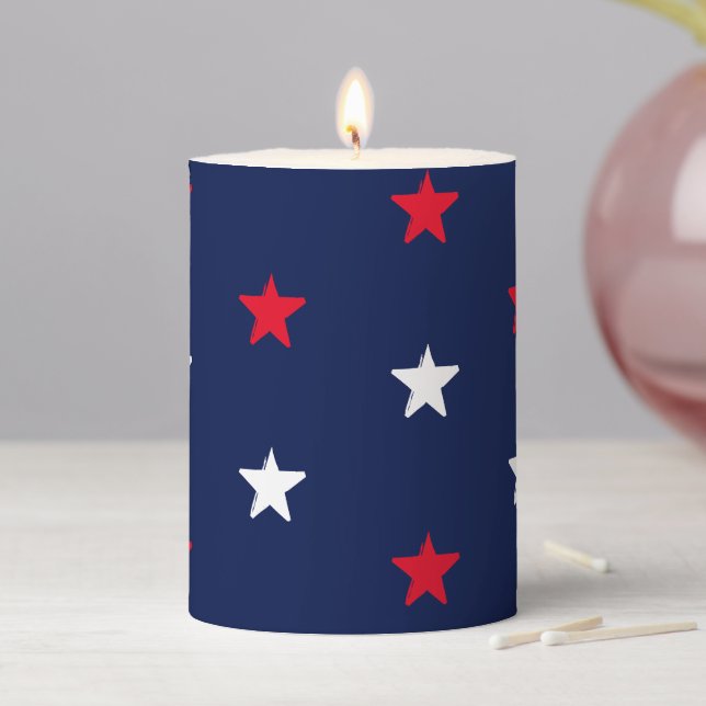 Patriotic red white and blue stars pattern holiday pillar candle (In Situ)