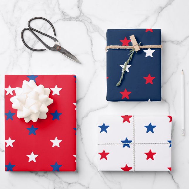 Patriotic red white and blue stars pattern holiday wrapping paper sheets (Front)