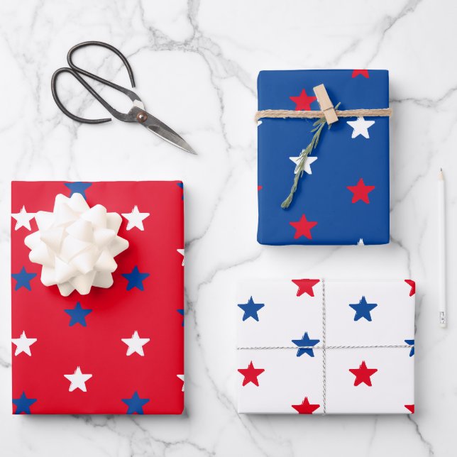 Patriotic red white and blue stars pattern modern wrapping paper sheets (Front)