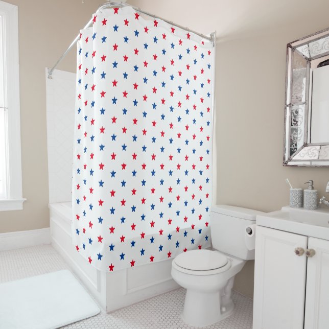 Patriotic red white and blue stars pattern shower curtain (In Situ)