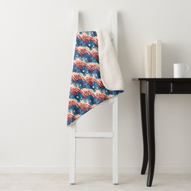 Patriotic Red White and Blue Stars Sherpa Blanket  (In Situ)