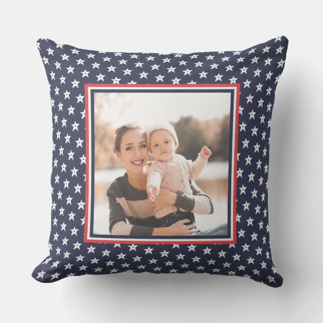 Patriotic Red, White, and Blue Stars with Photo Outdoor Pillow (Front)