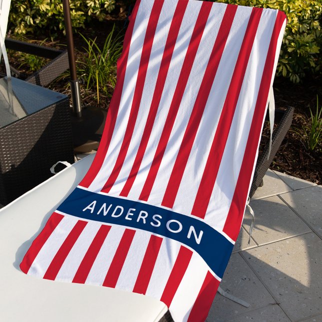 Patriotic Red White and Blue Stripes Custom Name Beach Towel (Creator Uploaded)