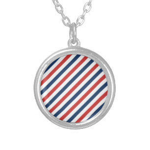Patriotic Red White and Blue Stripes Silver Plated Necklace