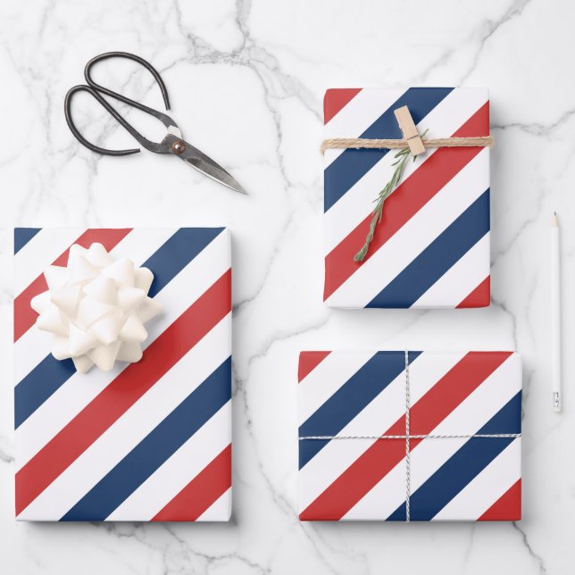 Patriotic Red White and Blue Stripes Wrapping Paper Sheets (Front)