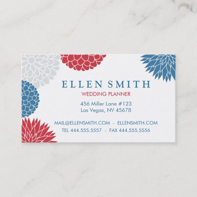 Patriotic Red White and Blue Summer Blossoms Business Card (Front)
