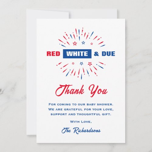 Patriotic Red White And Due 4th July Baby Shower Thank You Card