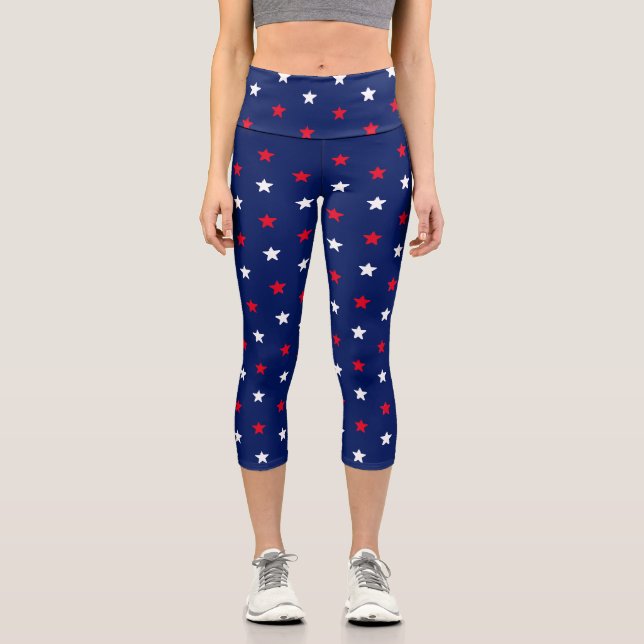 Patriotic red white and navy blue stars pattern capri leggings (Front)