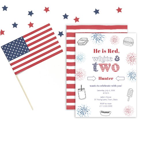 Patriotic Red White and Two 2nd Birthday Party BBQ Invitation