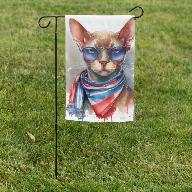 PATRIOTIC RED WHITE BLUE ABYSSINIAN CAT SUNGLASSES GARDEN FLAG (In SItu)