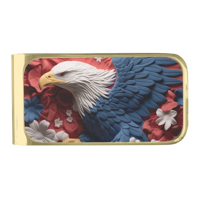 PATRIOTIC RED WHITE BLUE AMERICAN BALD EAGLE GOLD FINISH MONEY CLIP (Front)