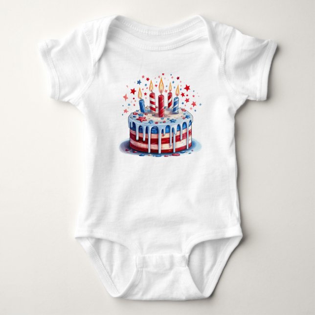 PATRIOTIC RED WHITE BLUE AMERICAN BIRTHDAY CAKE BABY BODYSUIT (Front)