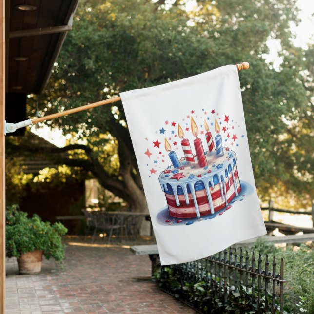 PATRIOTIC RED WHITE BLUE AMERICAN BIRTHDAY CAKE HOUSE FLAG (In SItu)