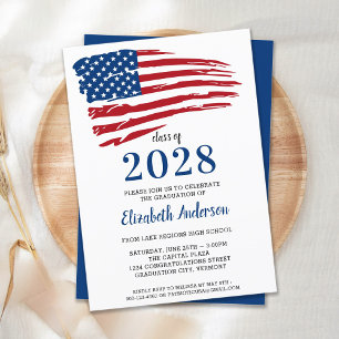 Patriotic Red White Blue American Flag Graduation Invitation