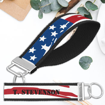 Patriotic Red White Blue American Flag Wrist Keychain by BlackDogArtJudy at Zazzle