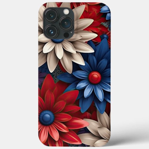 PATRIOTIC RED WHITE BLUE AMERICAN FLOWERS iPhone 13 PRO MAX CASE