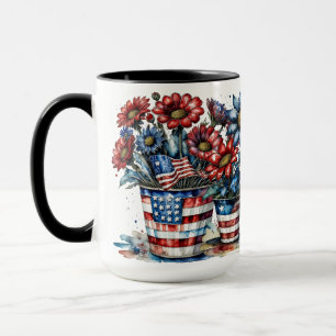 PATRIOTIC RED WHITE BLUE AMERICAN FLOWERS IN POTS MUG