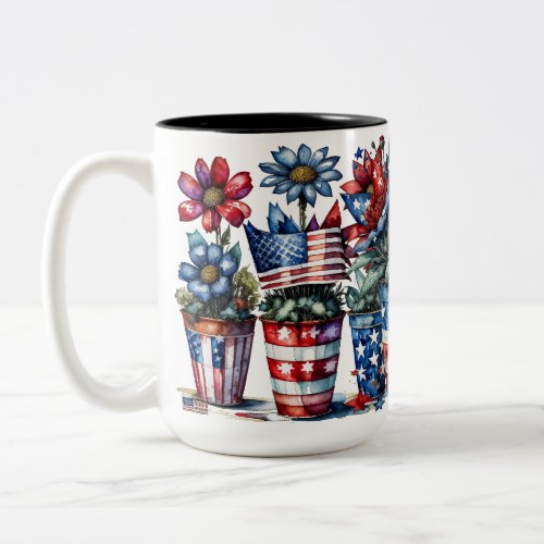 PATRIOTIC RED WHITE BLUE AMERICAN FLOWERS IN POTS Two_Tone COFFEE MUG