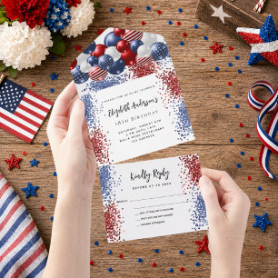 Patriotic red white blue balloons birthday rsvp all in one invitation