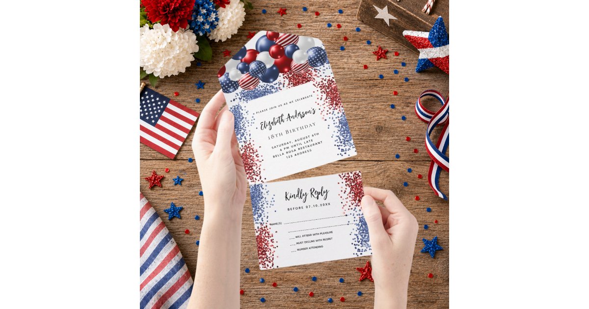 Patriotic red white blue balloons birthday rsvp all in one invitation ...