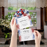 Patriotic red white blue balloons birthday rsvp all in one invitation<br><div class="desc">White background. Decorated with patriotic colored  balloons in red blue and white. Blue and red sparkles. Personalize and add a photo,  names,  party details,  RSVP date,  return address and name.</div>