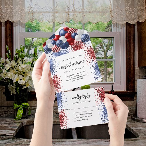 Patriotic red white blue balloons birthday rsvp all in one invitation