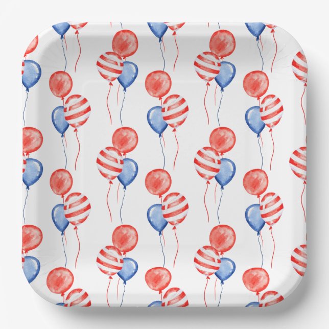 PATRIOTIC RED WHITE BLUE BALLOONS PAPER PLATES (Front)