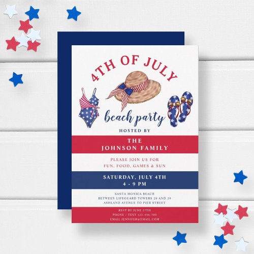 Patriotic Red White  Blue Beach Party 4th Of July Invitation
