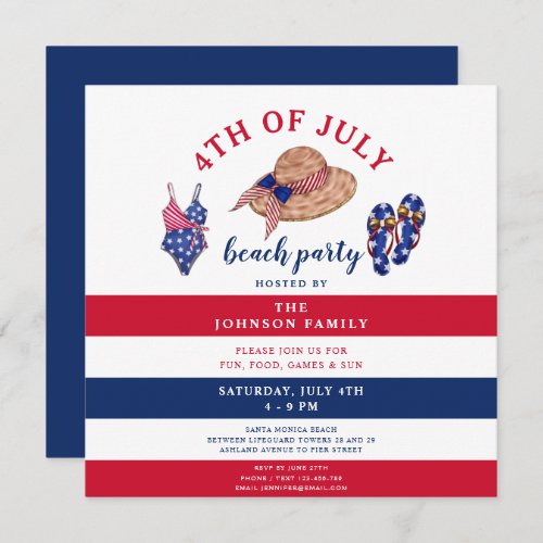 Patriotic Red White  Blue Beach Party 4th Of July Invitation