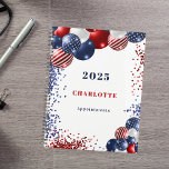 Patriotic red white blue black balloons name 2025 planner<br><div class="desc">A chic white background. Decorated with patriotic colored  balloons in red blue and white. Personalize and add a year,  name and a title. Red and blue text.</div>