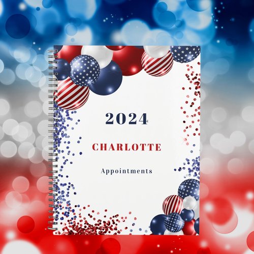 Patriotic red white blue black balloons name 2025 planner