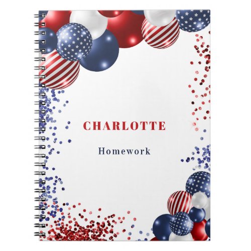 Patriotic red white blue black balloons name notebook