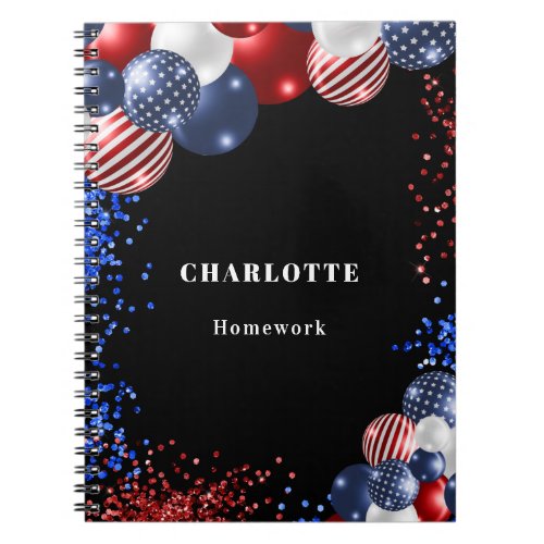 Patriotic red white blue black balloons name notebook