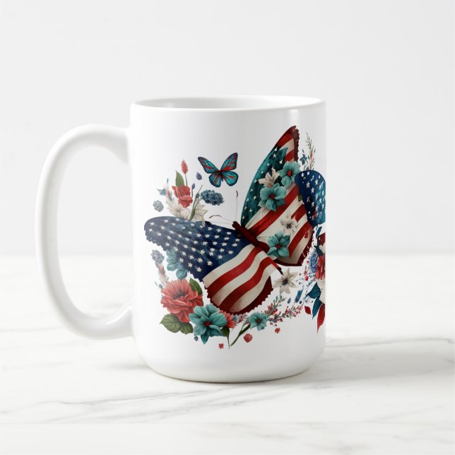 PATRIOTIC RED WHITE BLUE BUTTERFLIES FLOWERS COFFEE MUG (Left)