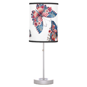 PATRIOTIC RED WHITE BLUE BUTTERFLIES & FLOWERS TABLE LAMP