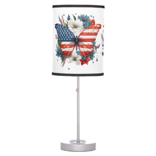 PATRIOTIC RED WHITE BLUE BUTTERFLIES & FLOWERS TABLE LAMP