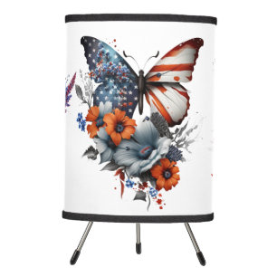 PATRIOTIC RED WHITE BLUE BUTTERFLIES & FLOWERS TRIPOD LAMP